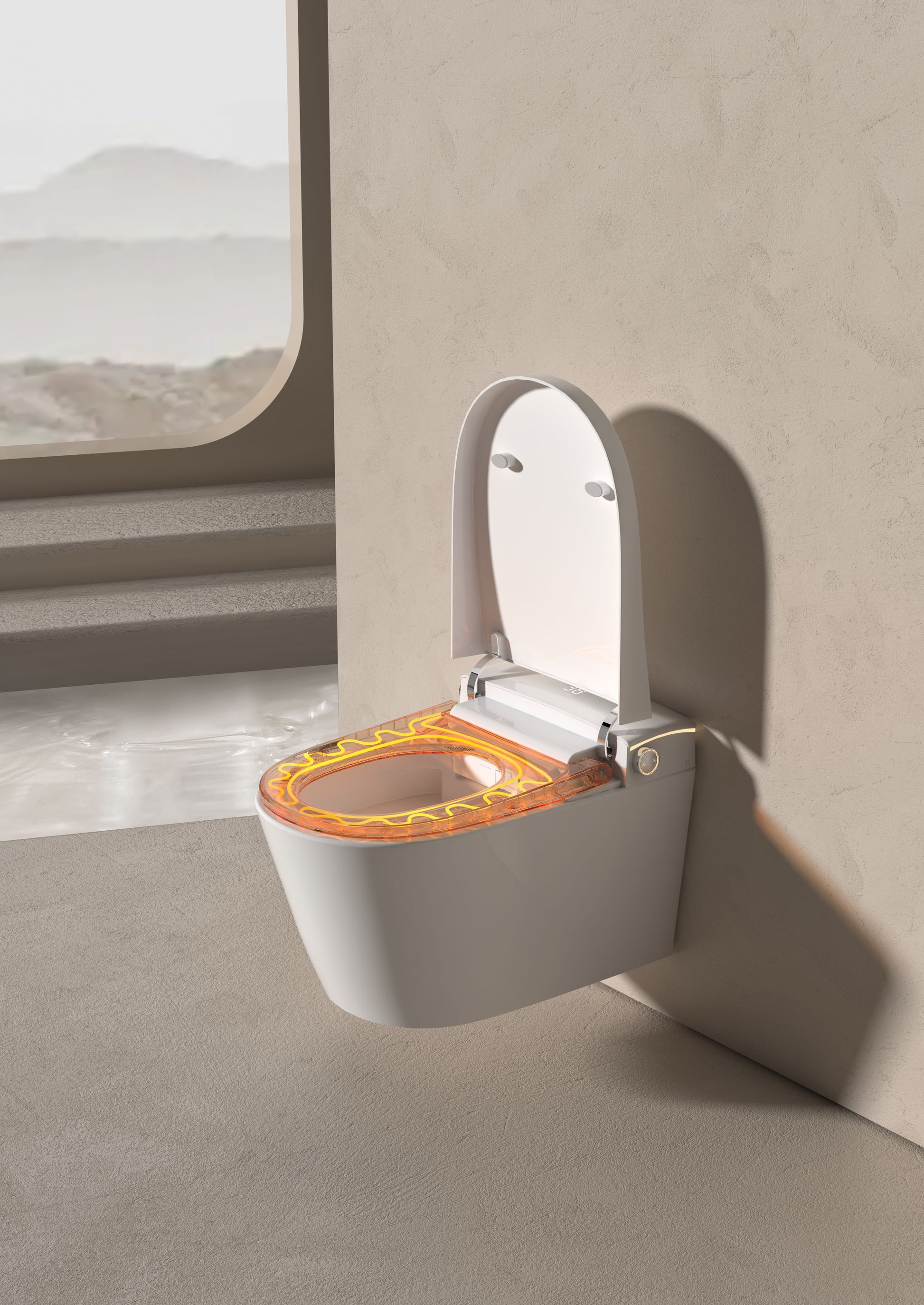 Wall-mounted toilet with buil-in tank, Geberit type frame , open lid in a modern bathroom setting Hola.shop.pl