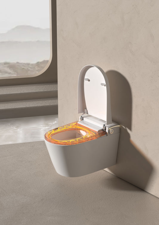 Wall-mounted toilet with buil-in tank, Geberit type frame , open lid in a modern bathroom setting Hola.shop.pl