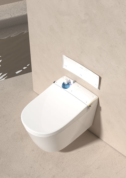 White wall-mounted Smart toilet with buil-in tank, Geberit type frame in a bathroom www.hola.shop.pl.
