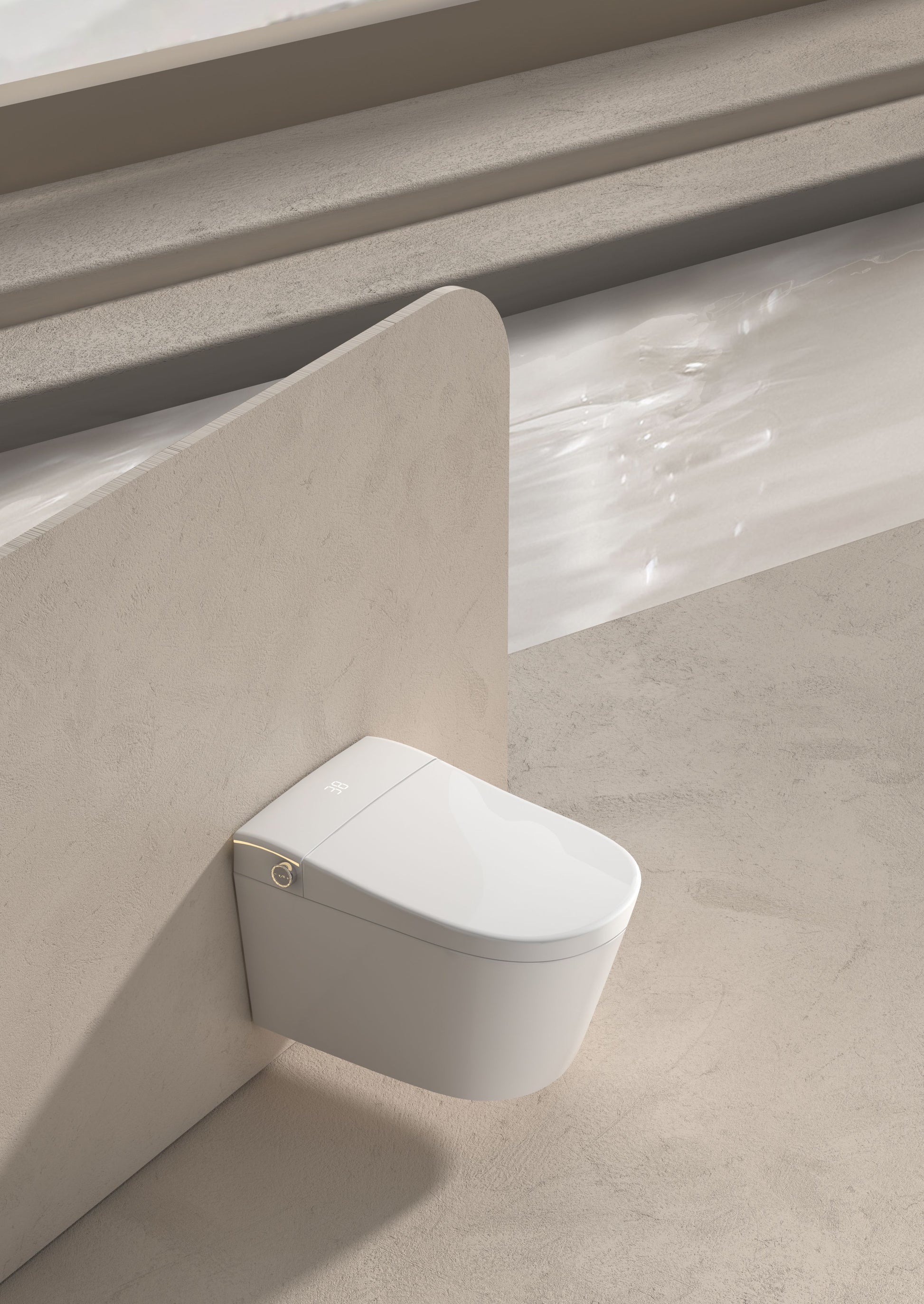 Modern white Smart toilet bowl with buil-in tank, Geberit type frame, mounted on a beige wall www.hola.shop.pl